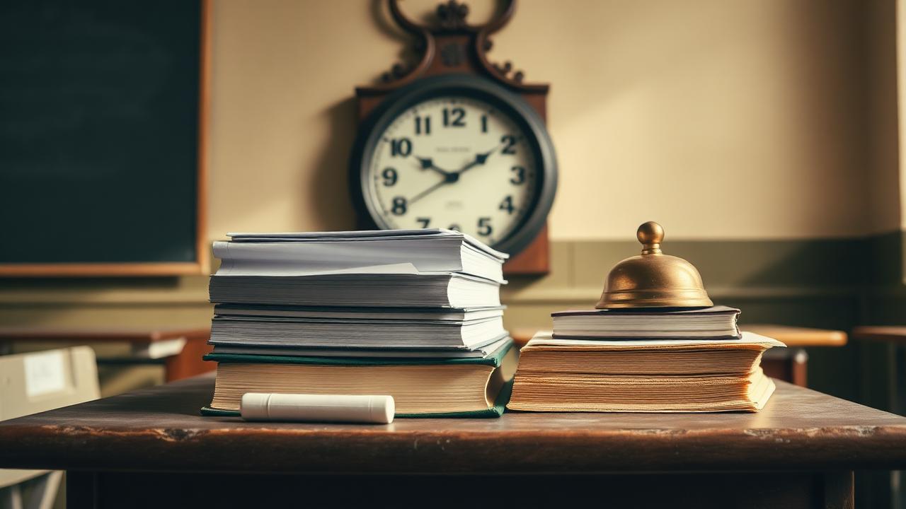 Exercise books, chalk and school bell on a teacher's desk